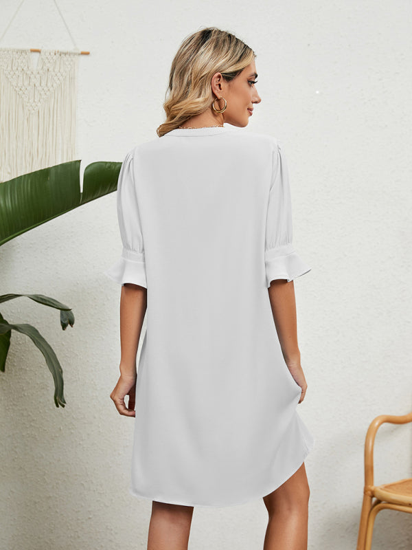 Casual Dresses- Solid Notch Neck Half Sleeve Loose Dress- - IndioGear Fashion and Gear