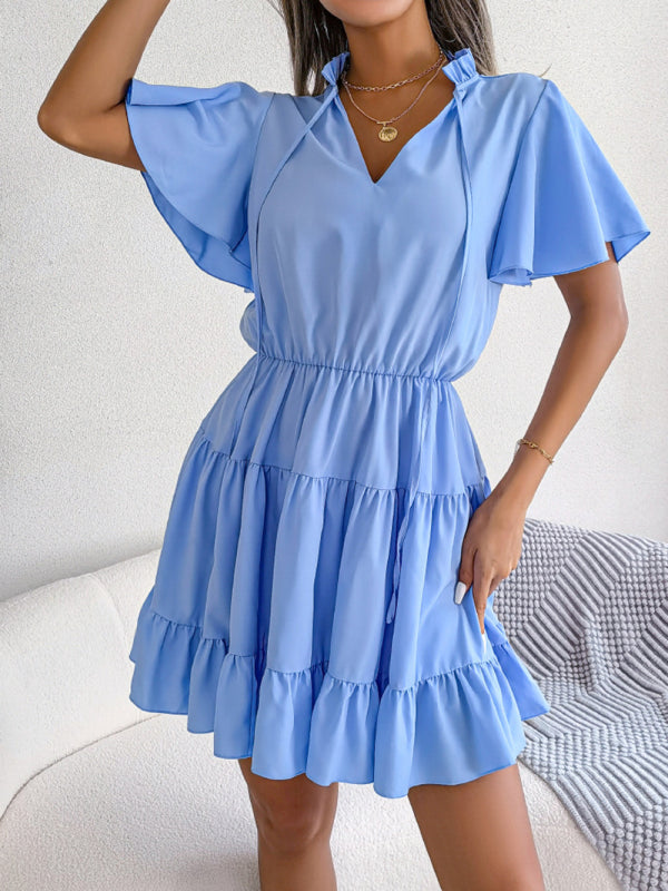 Casual Dresses-Solid Short Sleeve V-Neck A-Line Dress for Summer-Pekosa Women Clothing