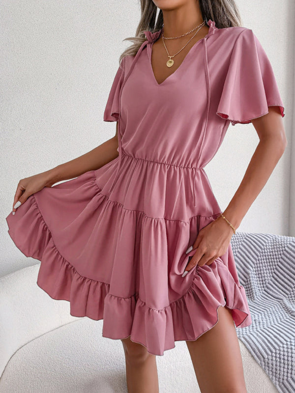 Casual Dresses-Solid Short Sleeve V-Neck A-Line Dress for Summer-Pekosa Women Clothing