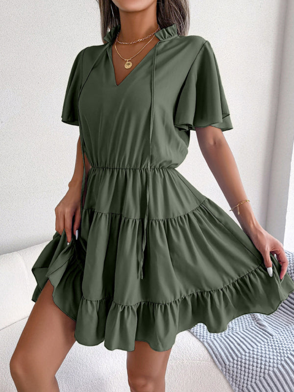 Casual Dresses-Solid Short Sleeve V-Neck A-Line Dress for Summer-Pekosa Women Clothing