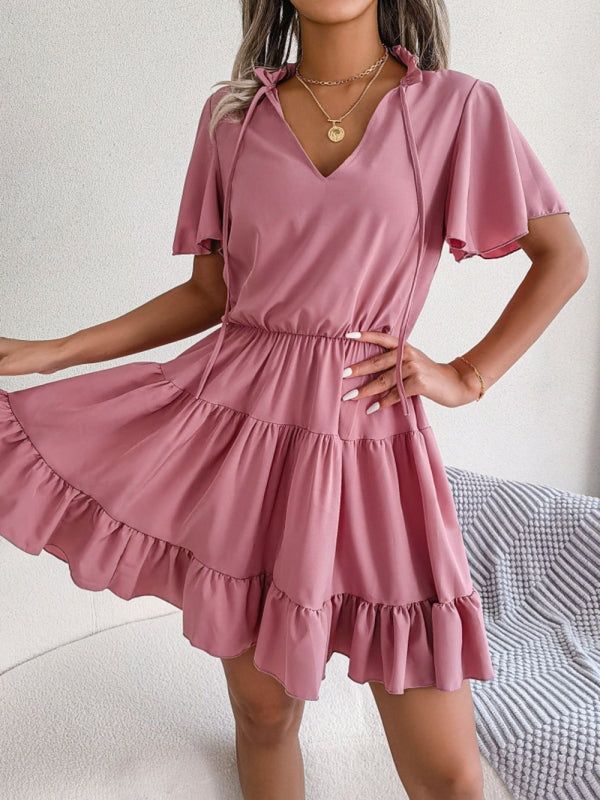 Casual Dresses-Solid Short Sleeve V-Neck A-Line Dress for Summer-Pekosa Women Clothing