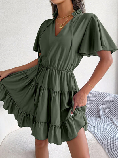 Casual Dresses-Solid Short Sleeve V-Neck A-Line Dress for Summer-Pekosa Women Clothing