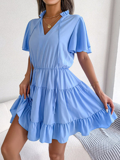 Casual Dresses-Solid Short Sleeve V-Neck A-Line Dress for Summer-Pekosa Women Clothing