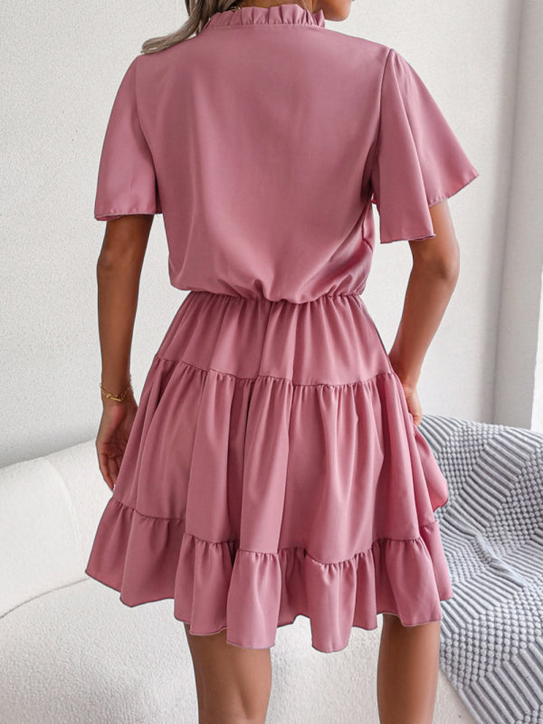 Casual Dresses-Solid Short Sleeve V-Neck A-Line Dress for Summer-Pekosa Women Clothing