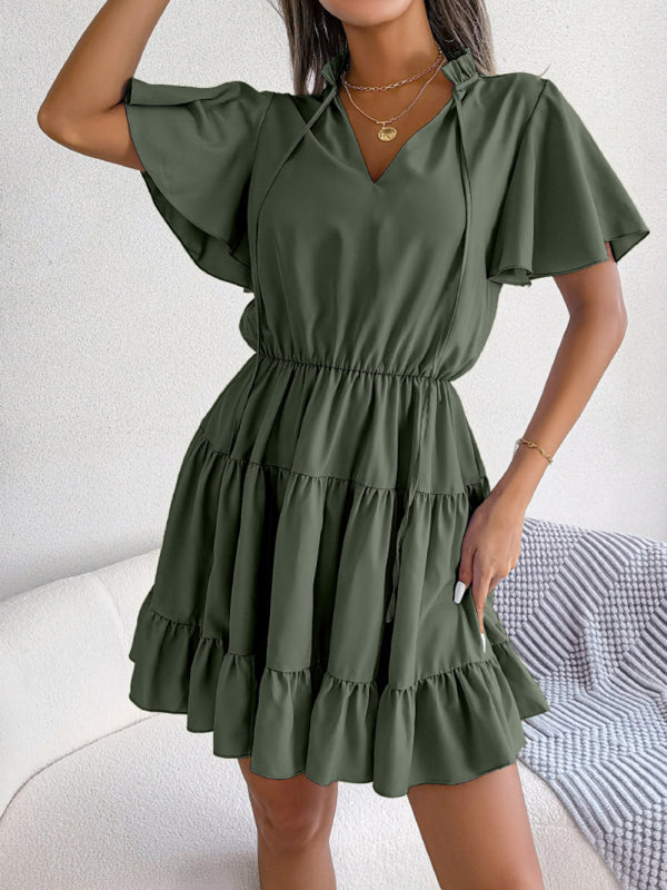 Casual Dresses-Solid Short Sleeve V-Neck A-Line Dress for Summer-Pekosa Women Clothing