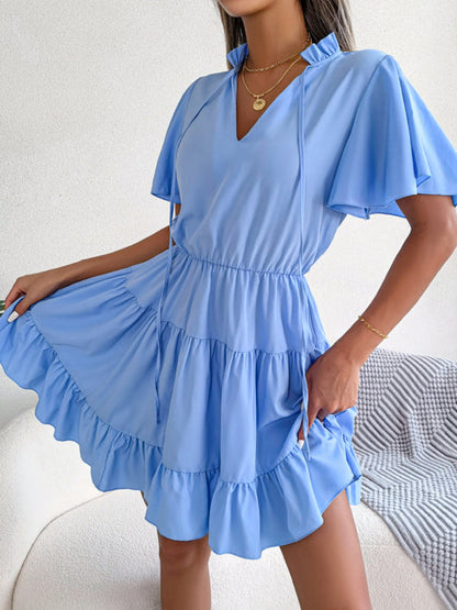 Casual Dresses-Solid Short Sleeve V-Neck A-Line Dress for Summer-Pekosa Women Clothing