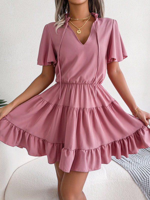 Casual Dresses-Solid Short Sleeve V-Neck A-Line Dress for Summer-Pekosa Women Clothing