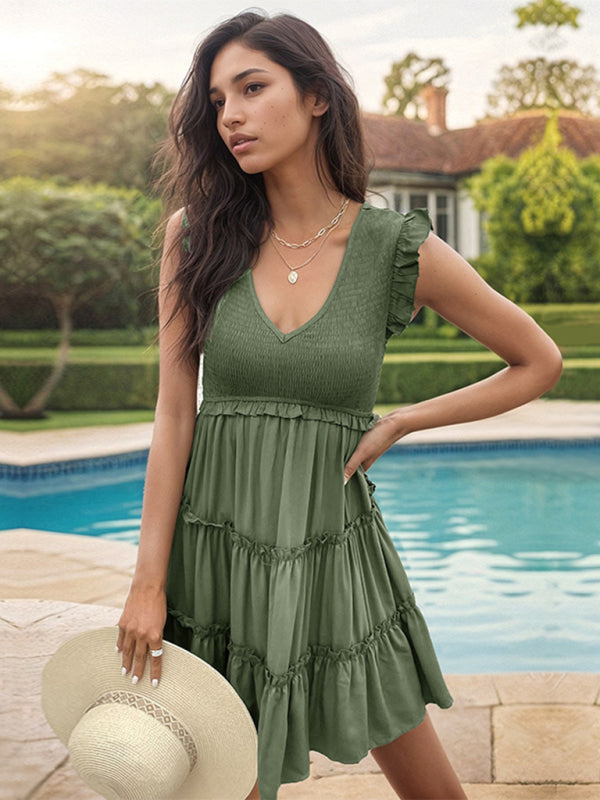 Casual Dresses- Solid Summer Dress with High Waist & Tiered Ruffles- - IndioGear Fashion and Gear