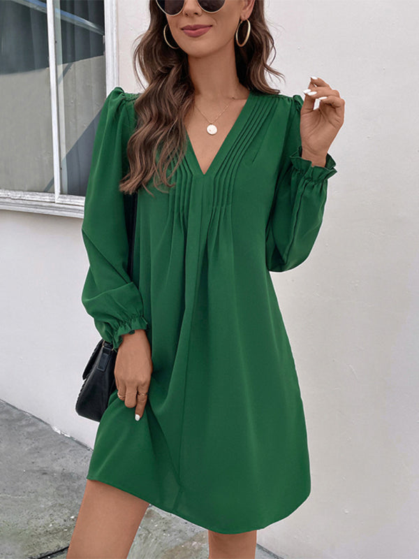 Casual Dresses- Solid V-Neck A-Line Dress with Long Sleeves- Green- IndioGear Clothing and Gear