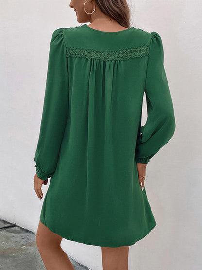 Casual Dresses- Solid V-Neck A-Line Dress with Long Sleeves- - IndioGear Clothing and Gear