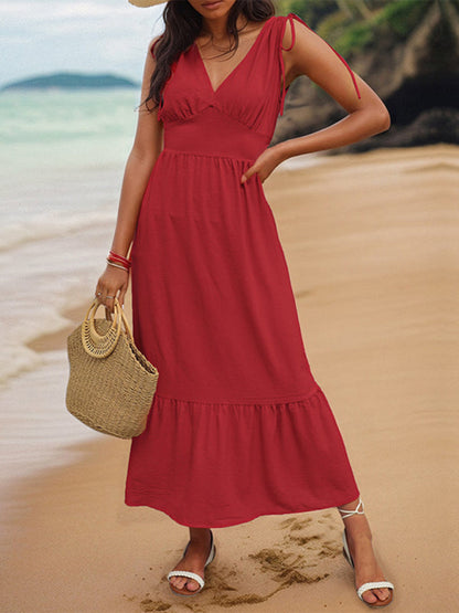 Casual Dresses- Solid V-Neck Sleeveless Midi Dress with Tie-Shoulders- Red- IndioGear Fashion and Gear