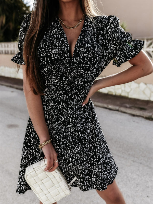 Casual Dresses- Summer Button-Up Puff Sleeve Mini Dress in Chips Print- Black- IndioGear Fashion and Gear