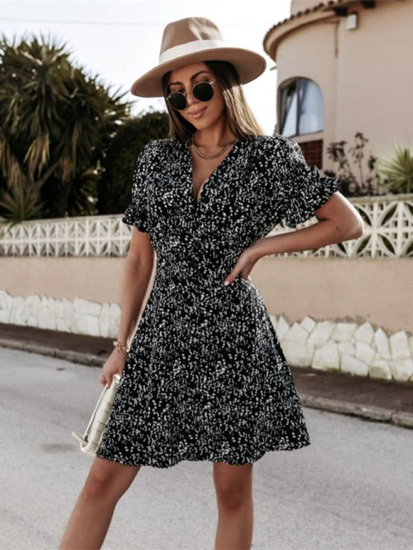 Casual Dresses- Summer Button-Up Puff Sleeve Mini Dress in Chips Print- - IndioGear Fashion and Gear