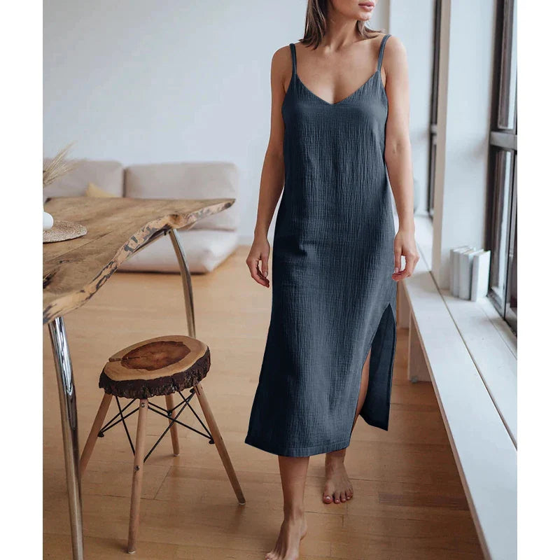 Casual Dresses- Summer Casual Textured Cami Slit Dress in Cotton- - IndioGear Fashion and Gear