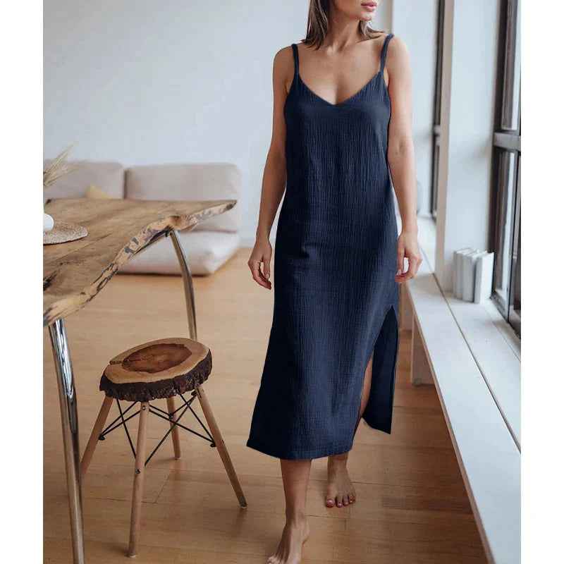 Casual Dresses- Summer Casual Textured Cami Slit Dress in Cotton- Dark blue- IndioGear Fashion and Gear