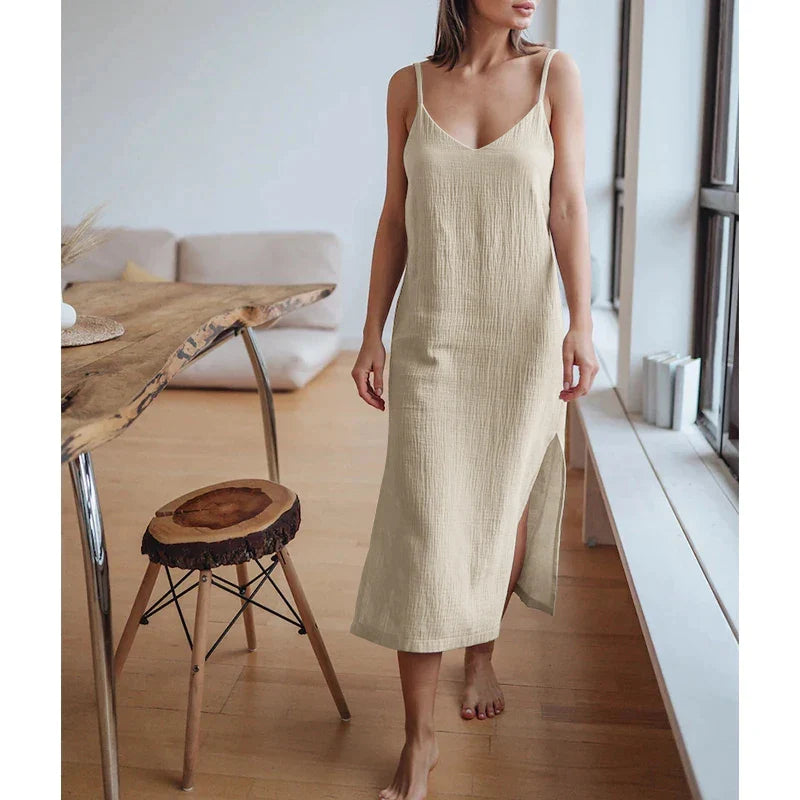 Casual Dresses- Summer Casual Textured Cami Slit Dress in Cotton- Beige- IndioGear Fashion and Gear