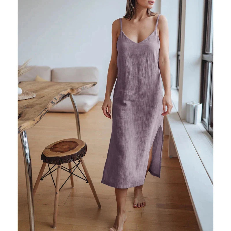 Casual Dresses- Summer Casual Textured Cami Slit Dress in Cotton- Purple- IndioGear Fashion and Gear