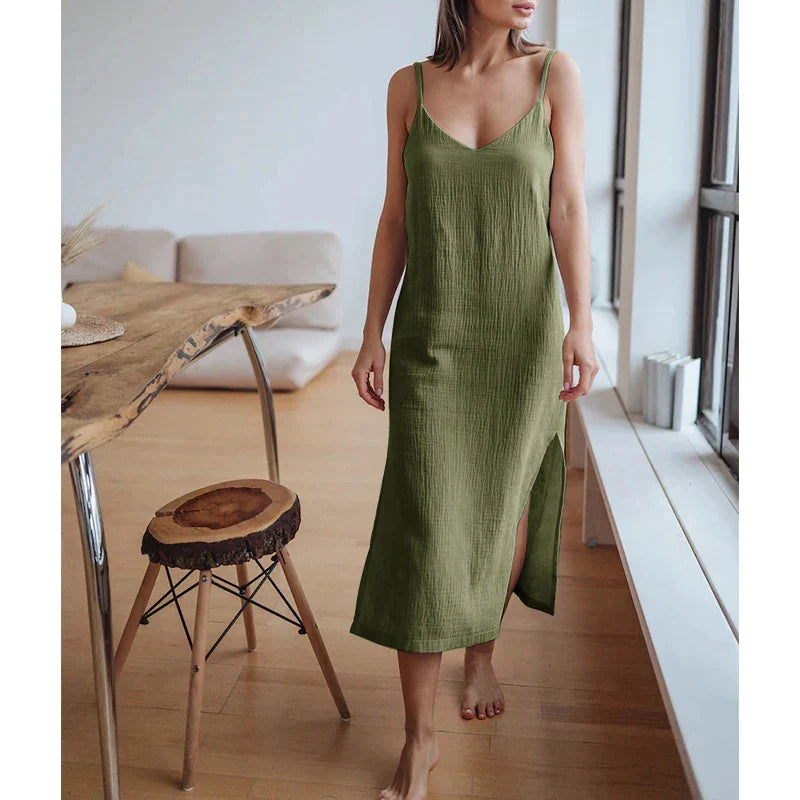 Casual Dresses- Summer Casual Textured Cami Slit Dress in Cotton- Green- IndioGear Fashion and Gear