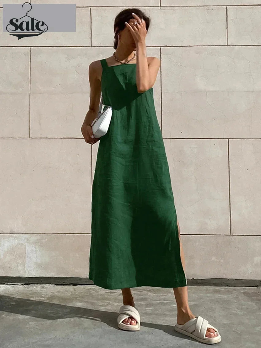 Casual Dresses- Summer Solid Loose Cotton-Linen Tunic Cami Maxi Dress- Green- IndioGear Fashion and Gear