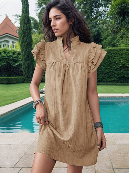 Casual Dresses- Summer Textured V-Neck Tunic Dress with Short Sleeves- Khaki- IndioGear Fashion and Gear