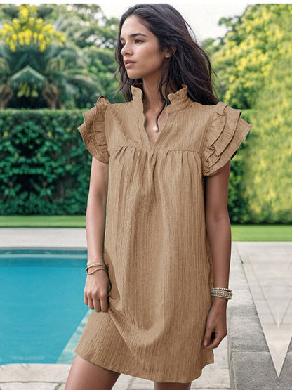 Casual Dresses- Summer Textured V-Neck Tunic Dress with Short Sleeves- - IndioGear Fashion and Gear