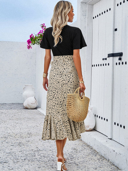 Casual Dresses- Surplice Tie-Belt Midi Dress in Contrast Leopard Print and Knit- - IndioGear Fashion and Gear