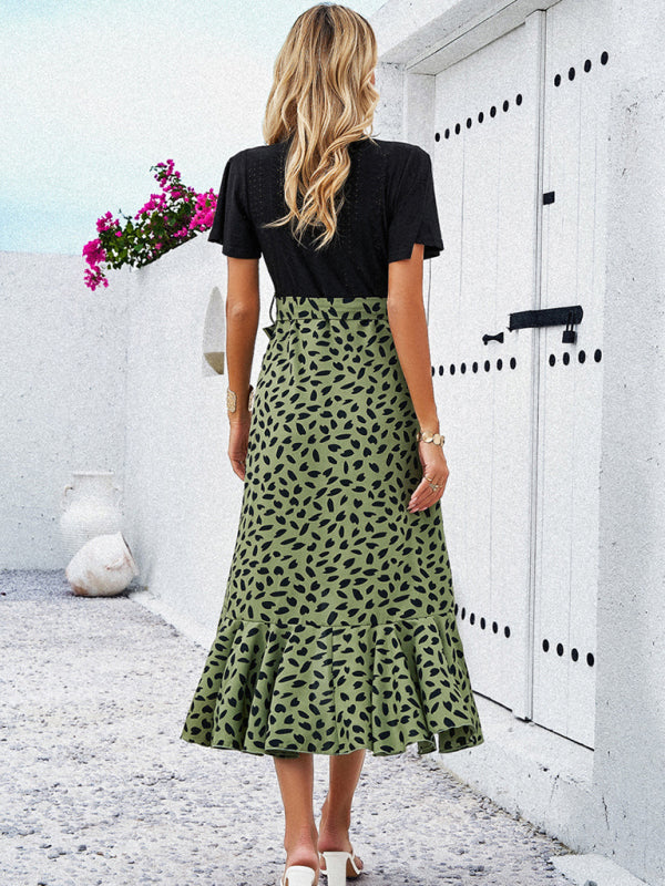 Casual Dresses- Surplice Tie-Belt Midi Dress in Contrast Leopard Print and Knit- - IndioGear Fashion and Gear