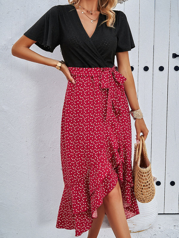 Casual Dresses- Surplice Tie-Belt Midi Dress in Contrast Leopard Print and Knit- - IndioGear Fashion and Gear