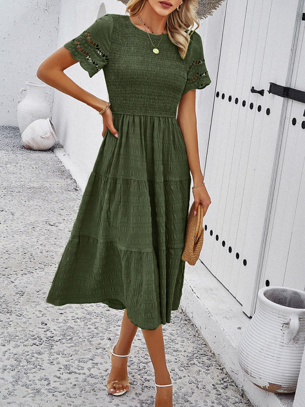 Casual Dresses- Textured Tiered Smocked Midi Dress with Lace Short Sleeves- Olive green- IndioGear Fashion and Gear