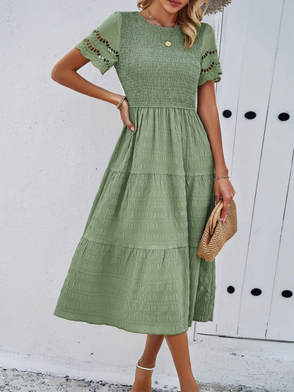 Casual Dresses- Textured Tiered Smocked Midi Dress with Lace Short Sleeves- Fruit green- IndioGear Fashion and Gear