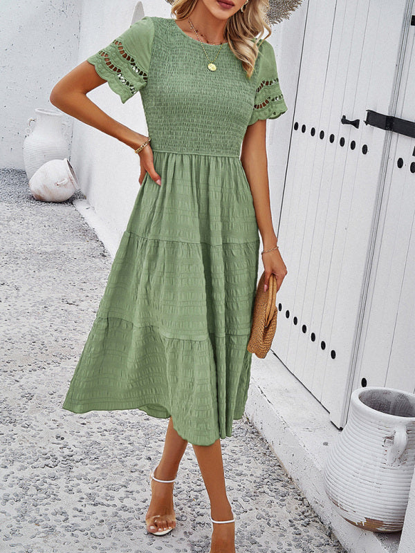 Casual Dresses- Textured Tiered Smocked Midi Dress with Lace Short Sleeves- - IndioGear Fashion and Gear