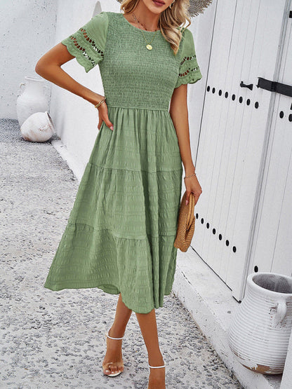 Casual Dresses- Textured Tiered Smocked Midi Dress with Lace Short Sleeves- - IndioGear Fashion and Gear