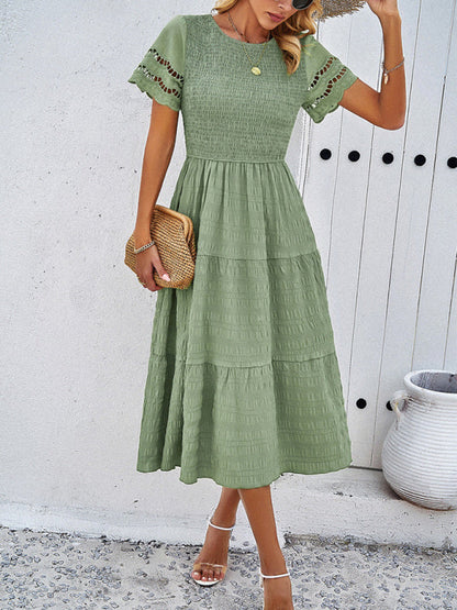 Casual Dresses- Textured Tiered Smocked Midi Dress with Lace Short Sleeves- - IndioGear Fashion and Gear