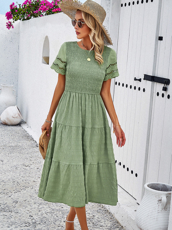 Casual Dresses- Textured Tiered Smocked Midi Dress with Lace Short Sleeves- - IndioGear Fashion and Gear