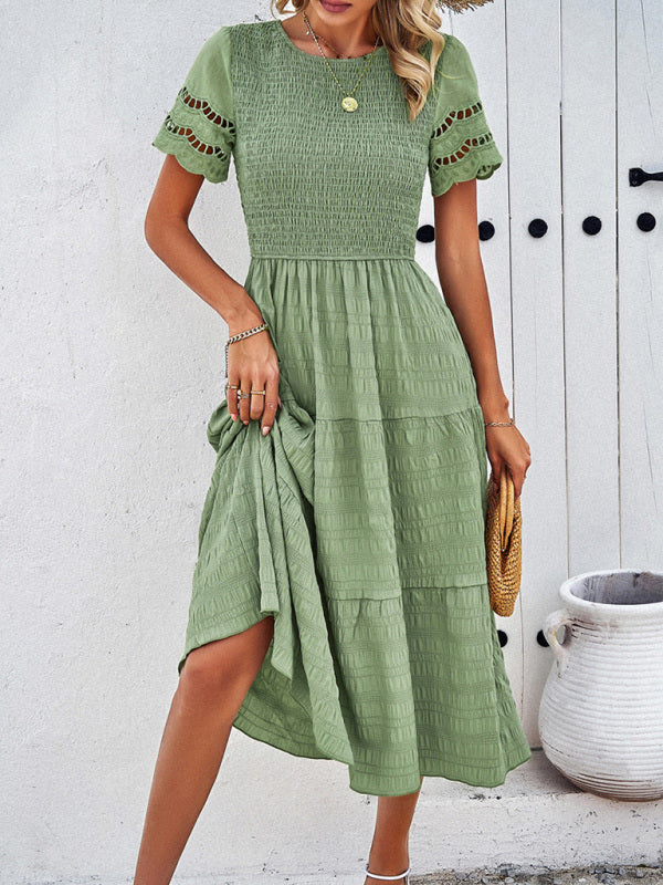 Casual Dresses- Textured Tiered Smocked Midi Dress with Lace Short Sleeves- - IndioGear Fashion and Gear