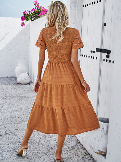 Casual Dresses- Textured Tiered Smocked Midi Dress with Lace Short Sleeves- - IndioGear Fashion and Gear