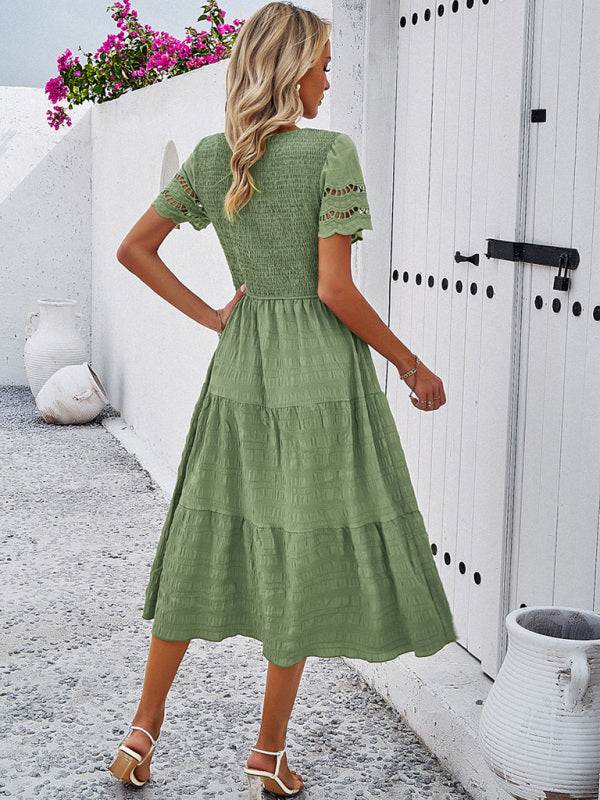 Casual Dresses- Textured Tiered Smocked Midi Dress with Lace Short Sleeves- - IndioGear Fashion and Gear