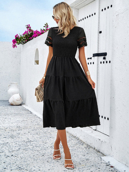 Casual Dresses- Textured Tiered Smocked Midi Dress with Lace Short Sleeves- - IndioGear Fashion and Gear