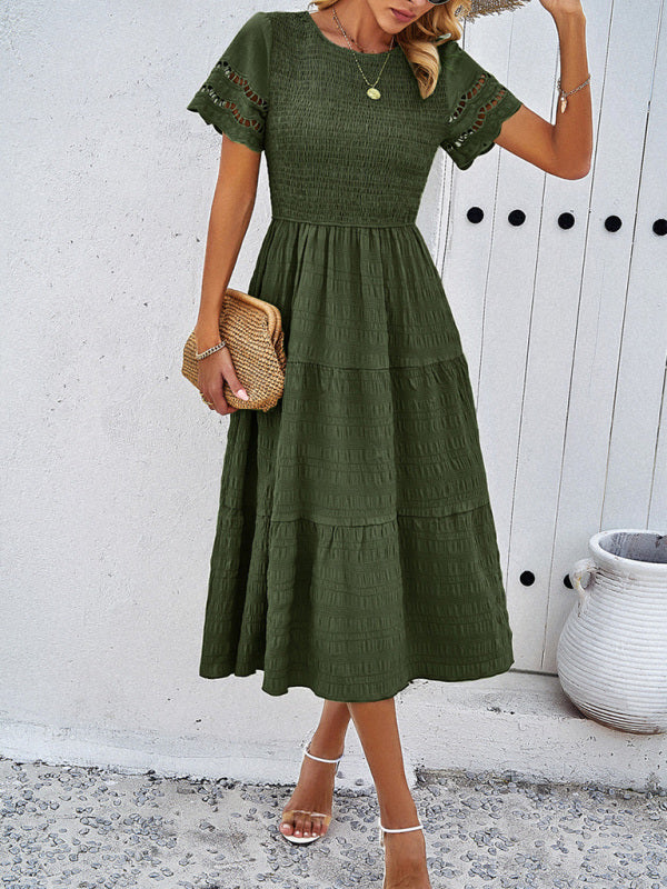 Casual Dresses- Textured Tiered Smocked Midi Dress with Lace Short Sleeves- - IndioGear Fashion and Gear