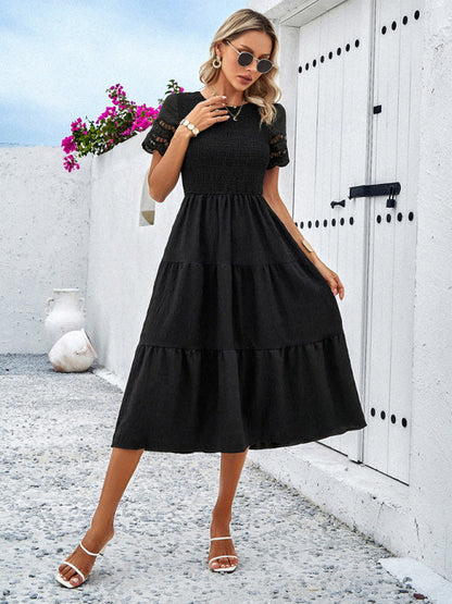 Casual Dresses- Textured Tiered Smocked Midi Dress with Lace Short Sleeves- - IndioGear Fashion and Gear