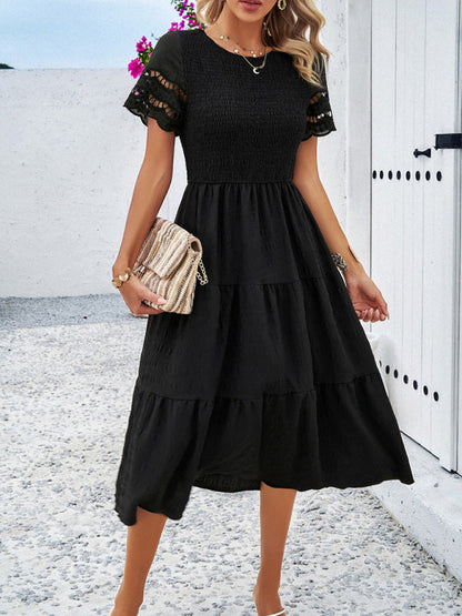 Casual Dresses- Textured Tiered Smocked Midi Dress with Lace Short Sleeves- - IndioGear Fashion and Gear