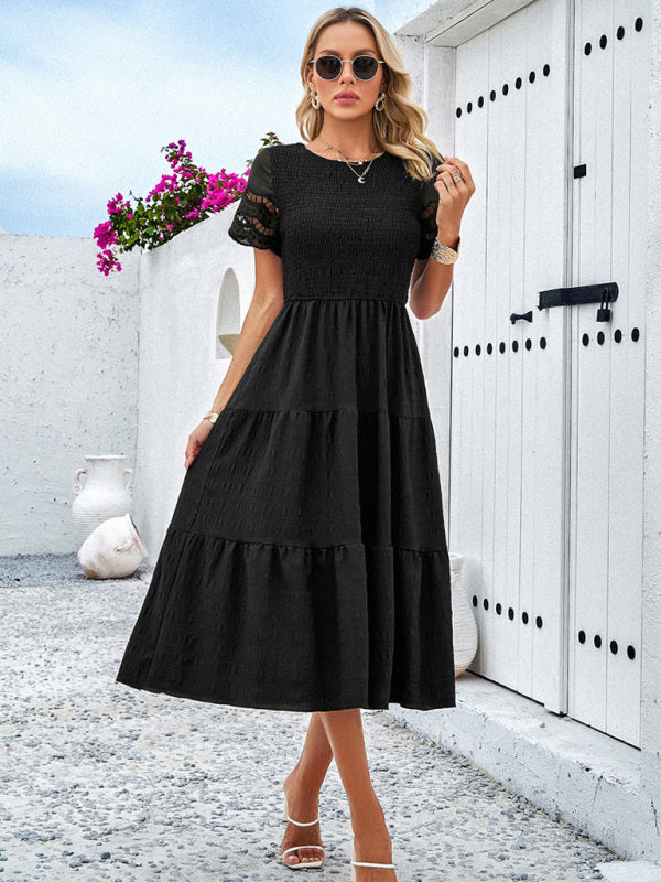 Casual Dresses- Textured Tiered Smocked Midi Dress with Lace Short Sleeves- - IndioGear Fashion and Gear