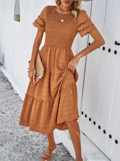 Casual Dresses- Textured Tiered Smocked Midi Dress with Lace Short Sleeves- - IndioGear Fashion and Gear