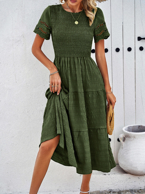 Casual Dresses- Textured Tiered Smocked Midi Dress with Lace Short Sleeves- - IndioGear Fashion and Gear