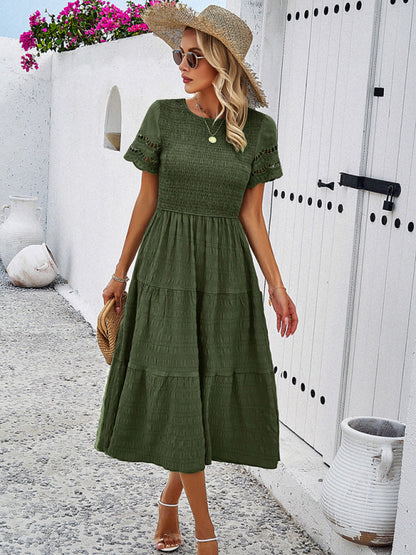 Casual Dresses- Textured Tiered Smocked Midi Dress with Lace Short Sleeves- - IndioGear Fashion and Gear