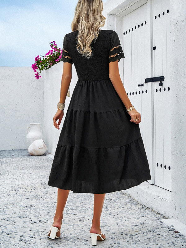 Casual Dresses- Textured Tiered Smocked Midi Dress with Lace Short Sleeves- - IndioGear Fashion and Gear