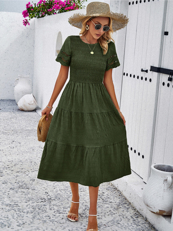 Casual Dresses- Textured Tiered Smocked Midi Dress with Lace Short Sleeves- - IndioGear Fashion and Gear