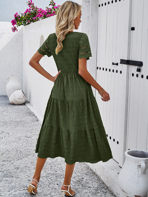 Casual Dresses- Textured Tiered Smocked Midi Dress with Lace Short Sleeves- - IndioGear Fashion and Gear