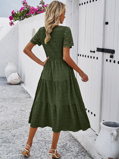 Casual Dresses- Textured Tiered Smocked Midi Dress with Lace Short Sleeves- - IndioGear Fashion and Gear