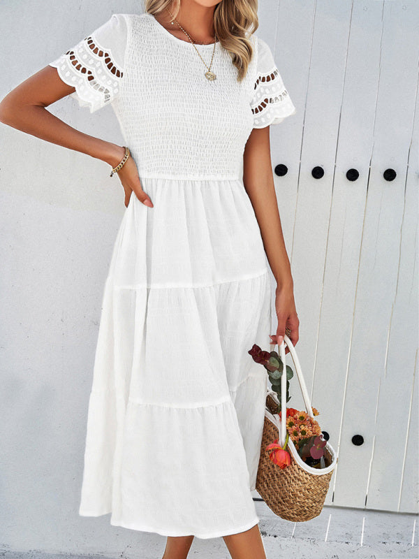 Casual Dresses- Textured Tiered Smocked Midi Dress with Lace Short Sleeves- White- IndioGear Fashion and Gear